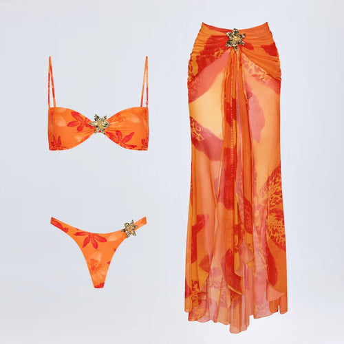 3 Pieces Bikini 2026 Sexy Print Women Swimsuit Swimwear Female Mesh Skirt Bikini Set Beachwear Bathing Suit Swimming Suit