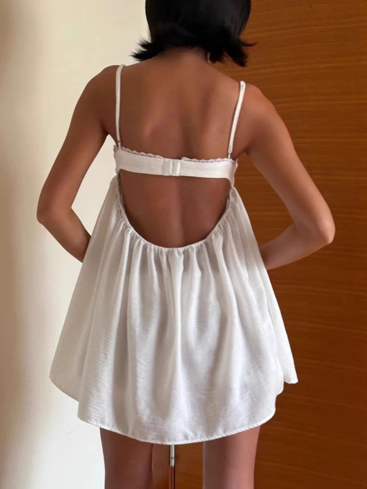 Women White Lace Trim Spaghetti Strap Babydoll Mini Dress Casual Loose Swing Sundress Summer Y2K A Line Short Dress Nightwear Lo